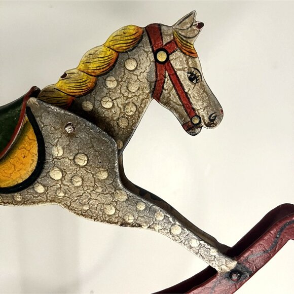 Vintage Painted Metal Rocking Horse Kinetic Sculpture With Red Base & Decorative - Picture 2 of 7